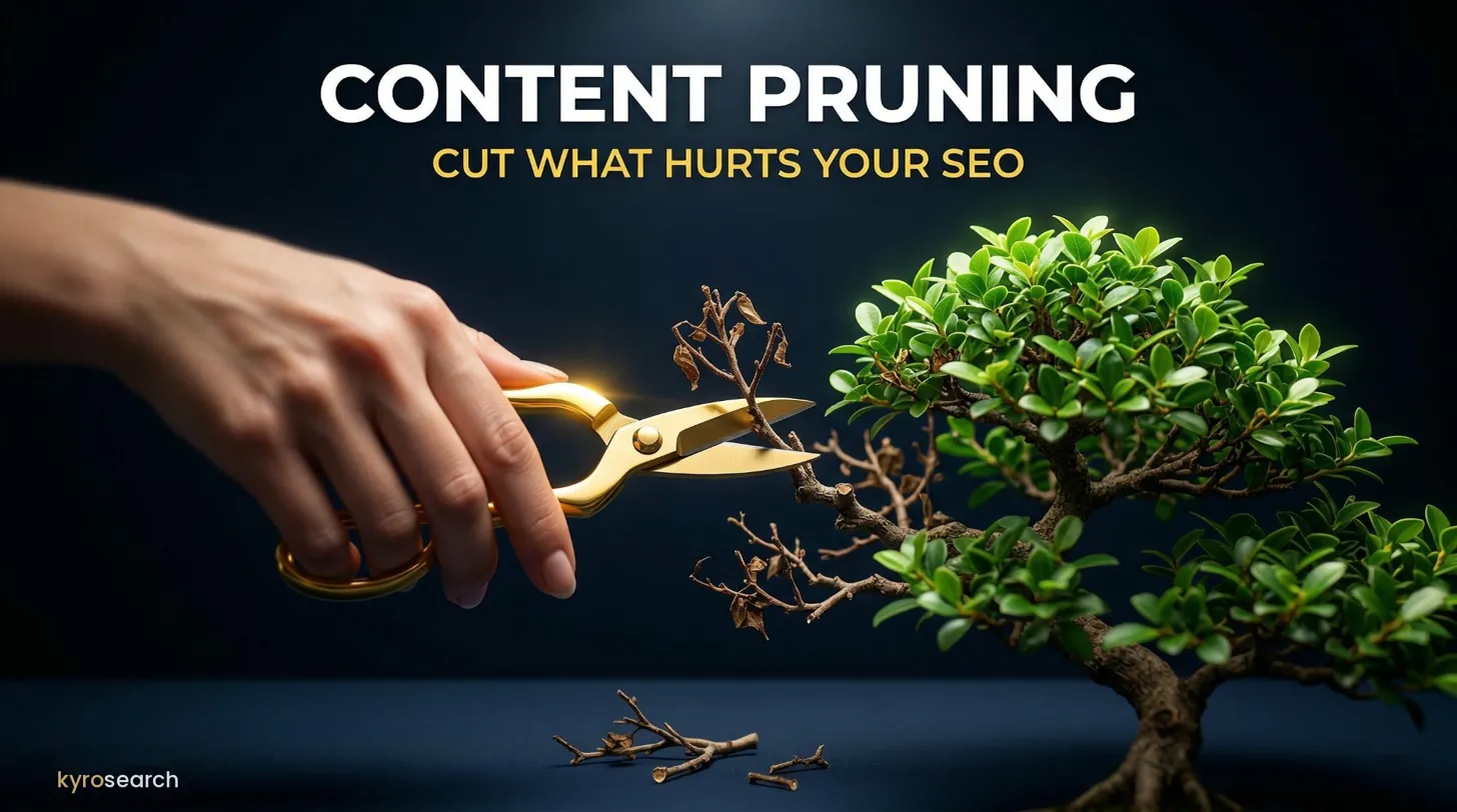 Content Pruning — Cut What Hurts Your SEO. A hand with golden scissors pruning dead branches from a bonsai tree.